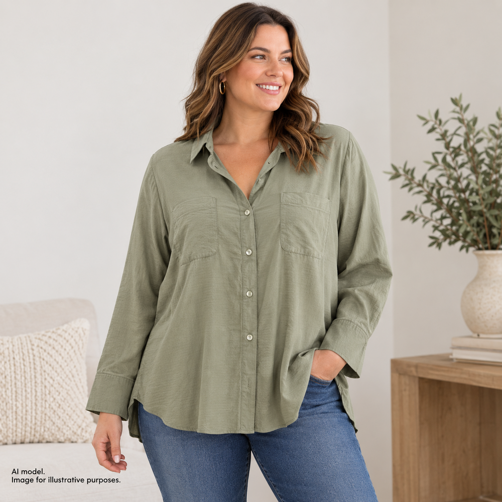 Chico's Shirt 4 Womens XXL 20/22 Green Textured Dot Button Tunic Top Long Sleeve